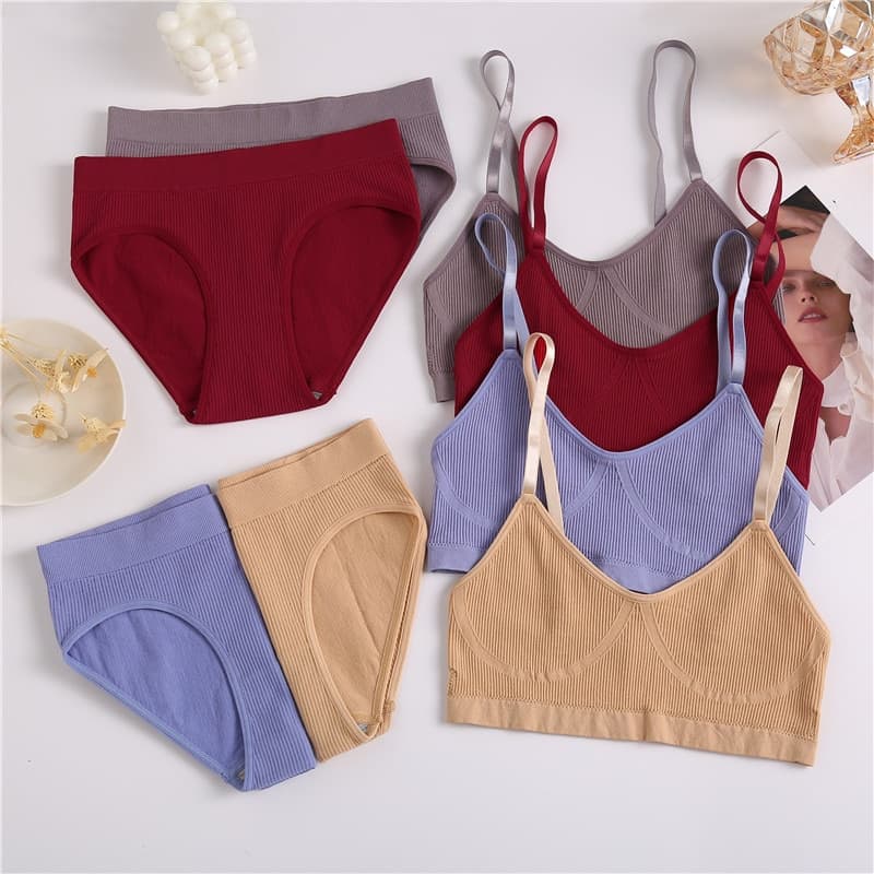 FINETOO-Conjunto de bragas de algodón sin costuras para mujer, conjunto de ropa interior suave de cintura baja, lencería activa, Top corto de Fitness