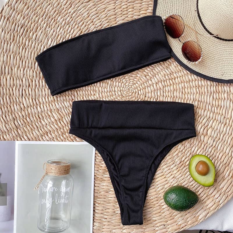 INGAGA-Bikinis de cintura alta de banda para mujer, traje de baño negro sin tirantes, Bikini de corte alto, ropa de playa 2021