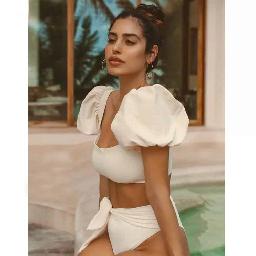 Conjunto de Bikini de cintura alta para mujer, traje de baño blanco de tirantes, bañador Bandage de mangas Push-Up, ropa de playa 2021