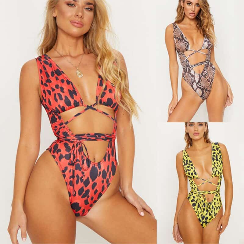 Bañador sexy de una pieza para mujer, monokini con estampado de leopardo, traje de baño de estilo vendaje, bikini acolchado de realce, de verano