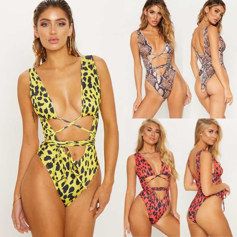 Bañador sexy de una pieza para mujer, monokini con estampado de leopardo, traje de baño de estilo vendaje, bikini acolchado de realce, de verano