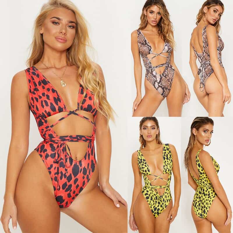 Bañador sexy de una pieza para mujer, monokini con estampado de leopardo, traje de baño de estilo vendaje, bikini acolchado de realce, de verano