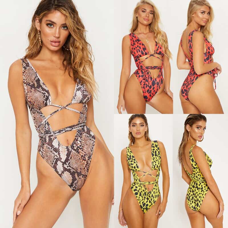 Bañador sexy de una pieza para mujer, monokini con estampado de leopardo, traje de baño de estilo vendaje, bikini acolchado de realce, de verano