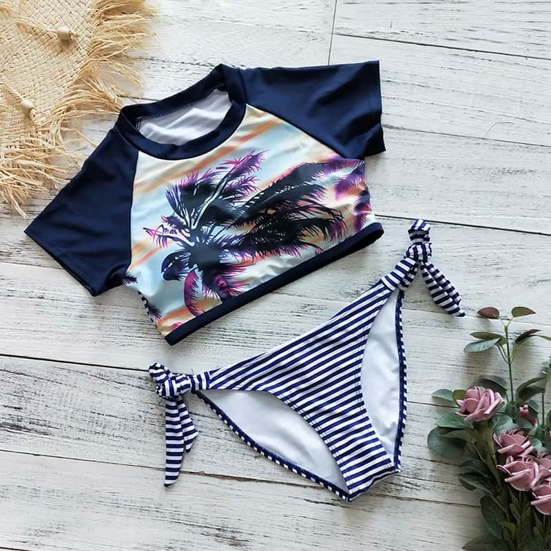 Bikinis de manga larga para mujer, traje de baño Sexy con estampado de hojas verdes, ropa de playa, conjunto de Bikini brasileño para mujer 2021