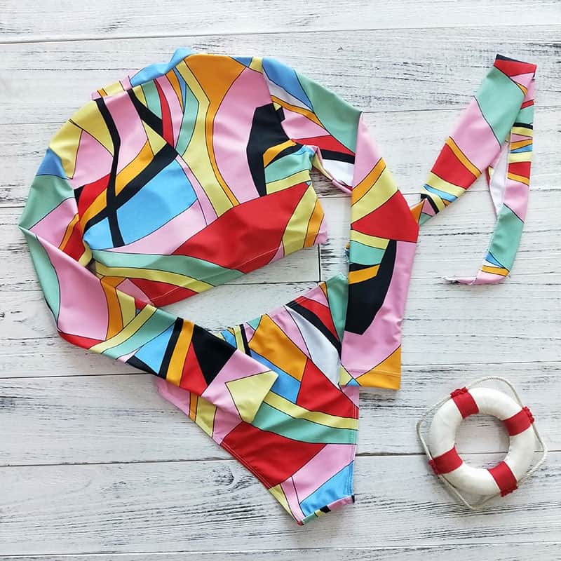 Bikinis de manga larga para mujer, traje de baño Sexy con estampado de hojas verdes, ropa de playa, conjunto de Bikini brasileño para mujer 2021