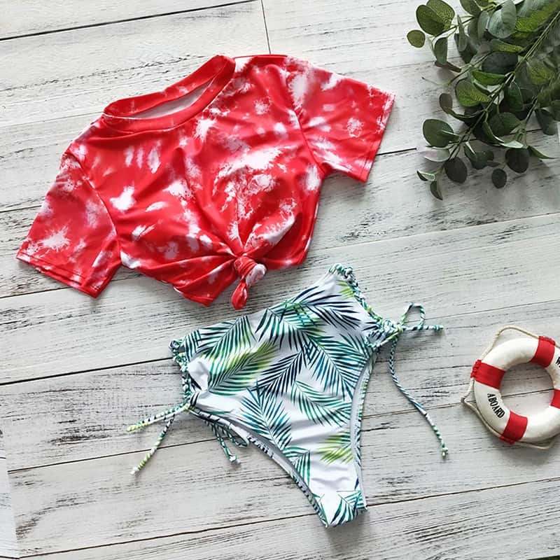 Bikinis de manga larga para mujer, traje de baño Sexy con estampado de hojas verdes, ropa de playa, conjunto de Bikini brasileño para mujer 2021