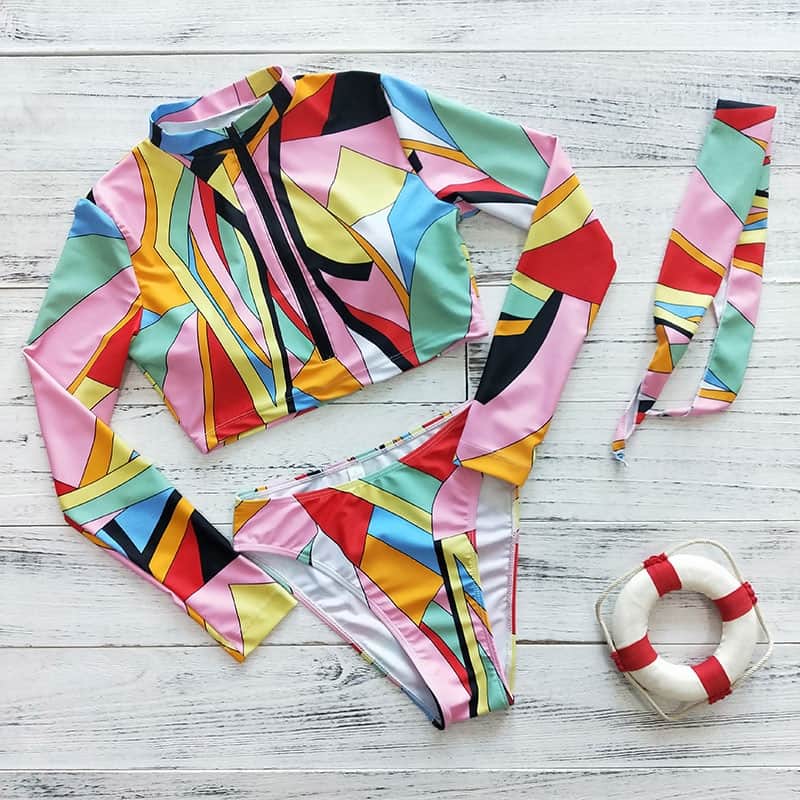 Bikinis de manga larga para mujer, traje de baño Sexy con estampado de hojas verdes, ropa de playa, conjunto de Bikini brasileño para mujer 2021