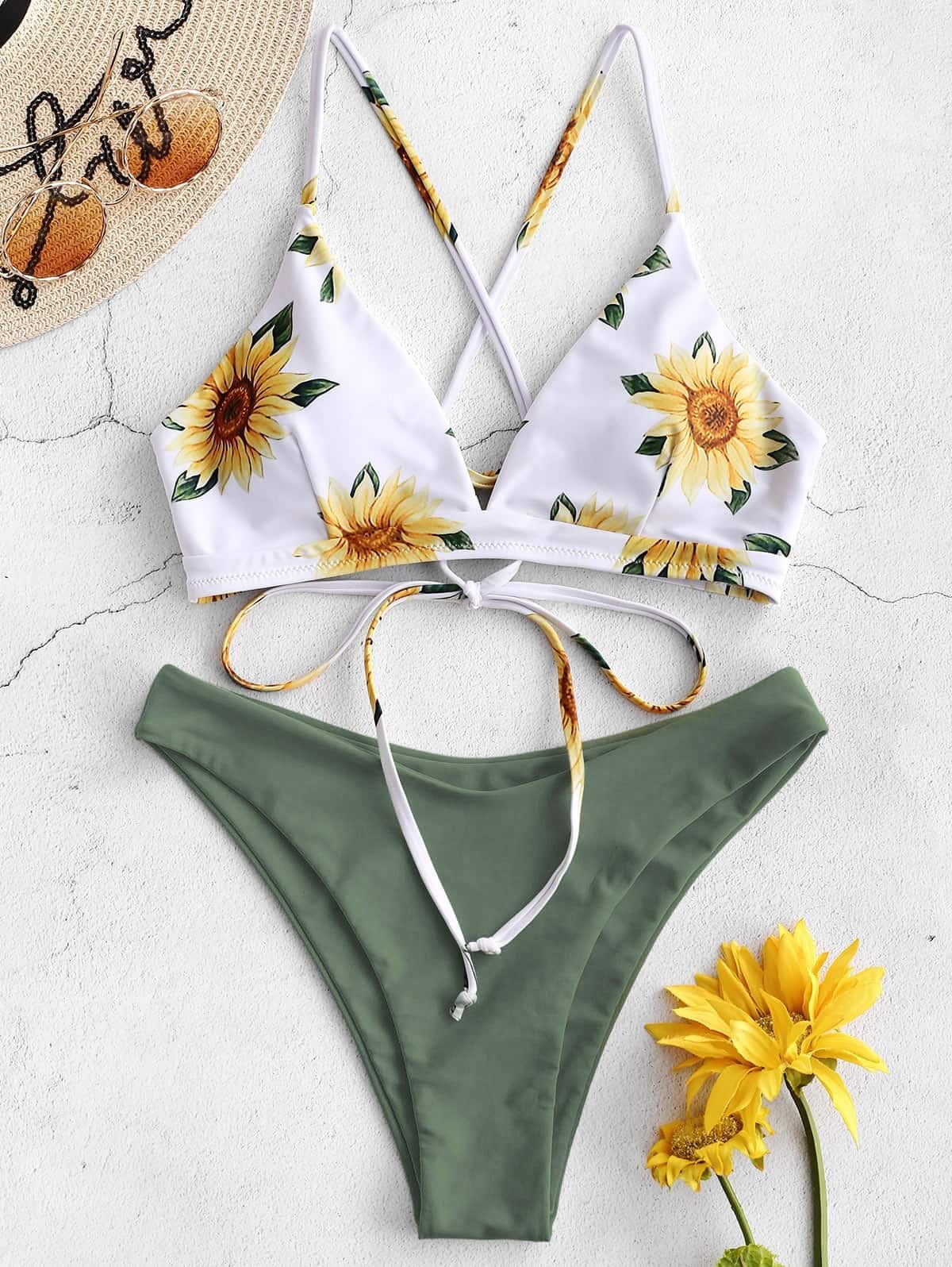 Conjunto de Bikini con estampado de girasoles para Mujer, ropa de baño Sexy, bañador con relleno de realce, traje de baño de estilo vendaje, Bikini 2021