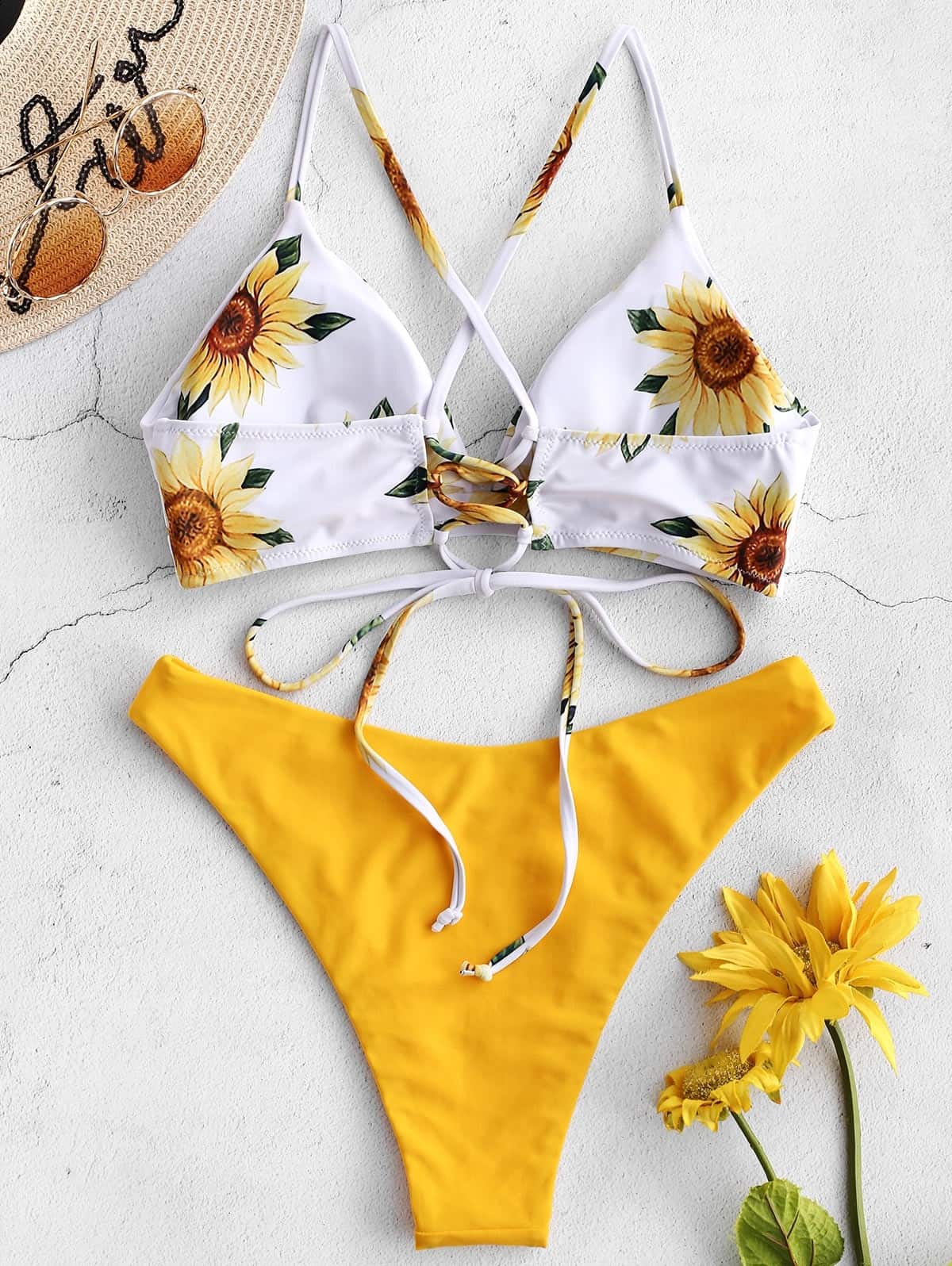 Conjunto de Bikini con estampado de girasoles para Mujer, ropa de baño Sexy, bañador con relleno de realce, traje de baño de estilo vendaje, Bikini 2021