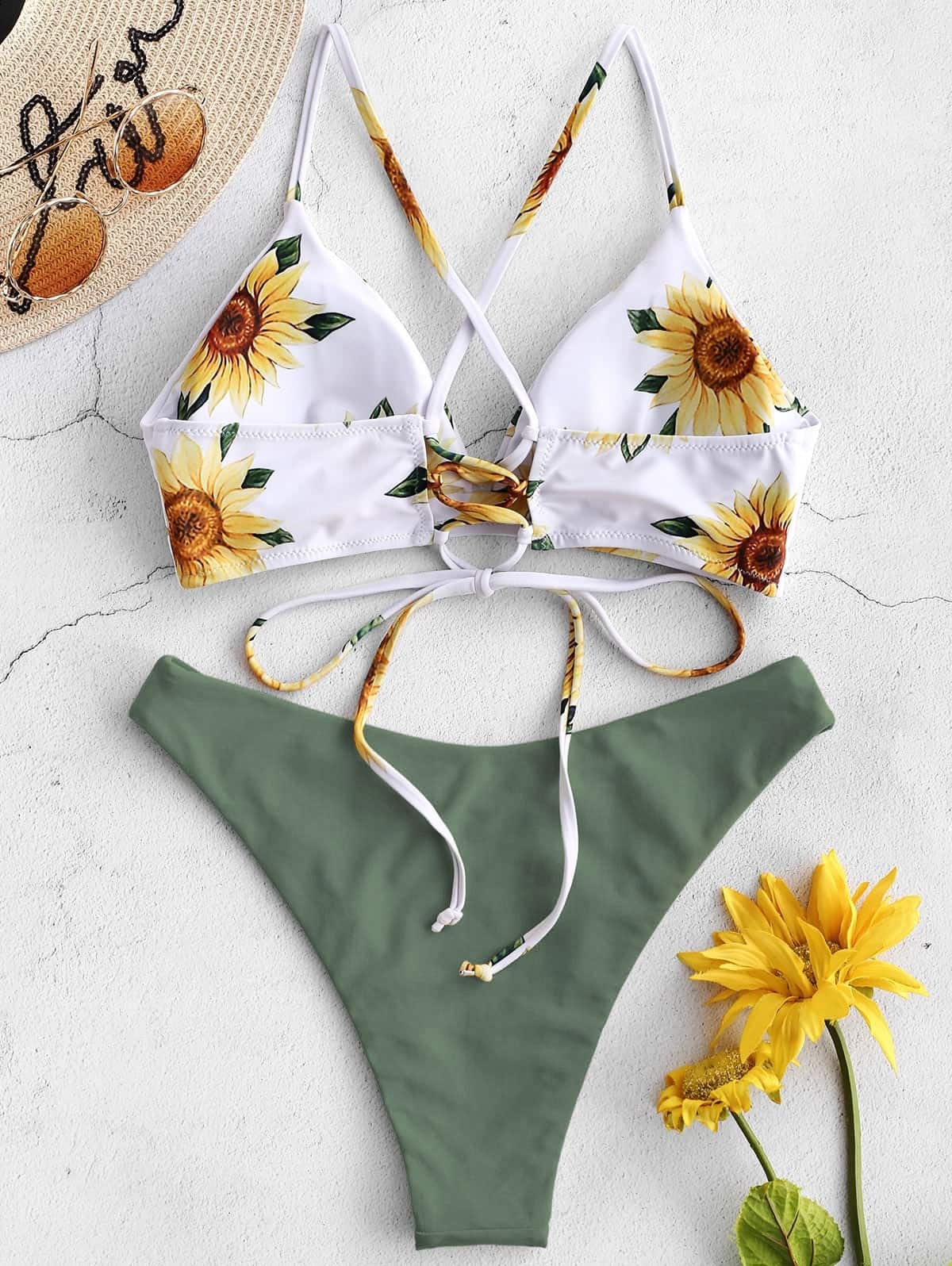 Conjunto de Bikini con estampado de girasoles para Mujer, ropa de baño Sexy, bañador con relleno de realce, traje de baño de estilo vendaje, Bikini 2021