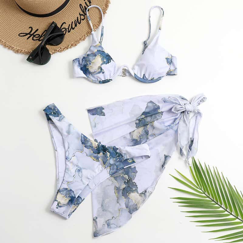 Sexy estampado de mármol Bikini 2021 mujeres sujetador con aros 3 pieza traje de baño brasileño traje de baño para playa trajes de baño traje