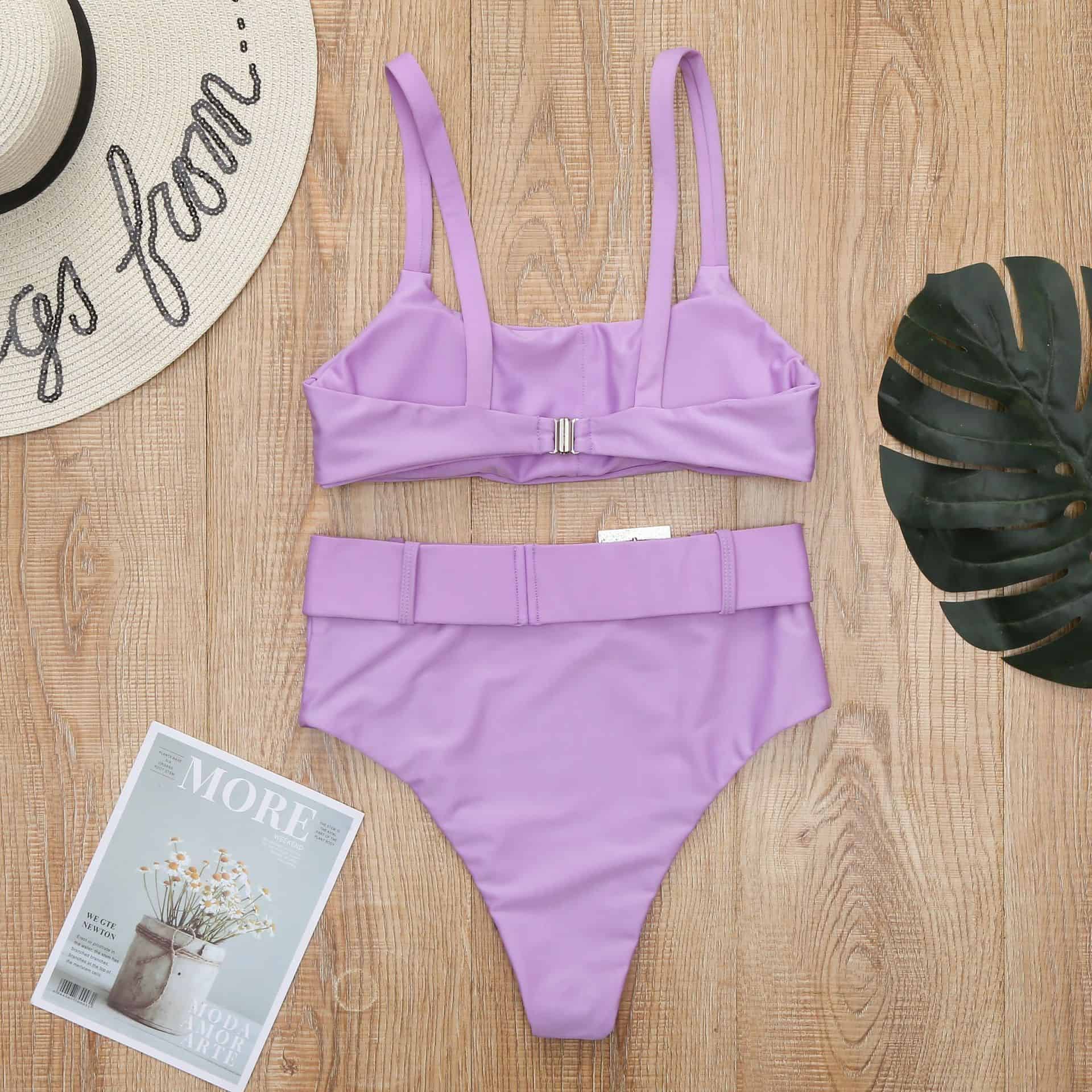 Bikini de cintura alta para mujer, traje de baño para playa de dos piezas con cinturón de diamantes de imitación, acolchado de realce, color morado liso