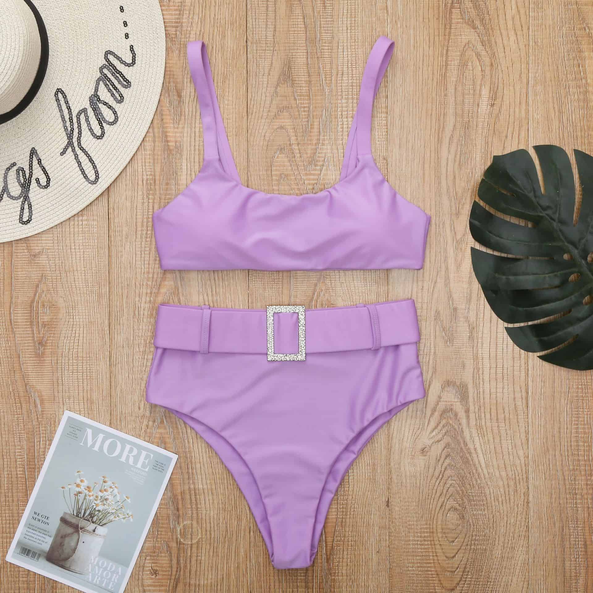 Bikini de cintura alta para mujer, traje de baño para playa de dos piezas con cinturón de diamantes de imitación, acolchado de realce, color morado liso