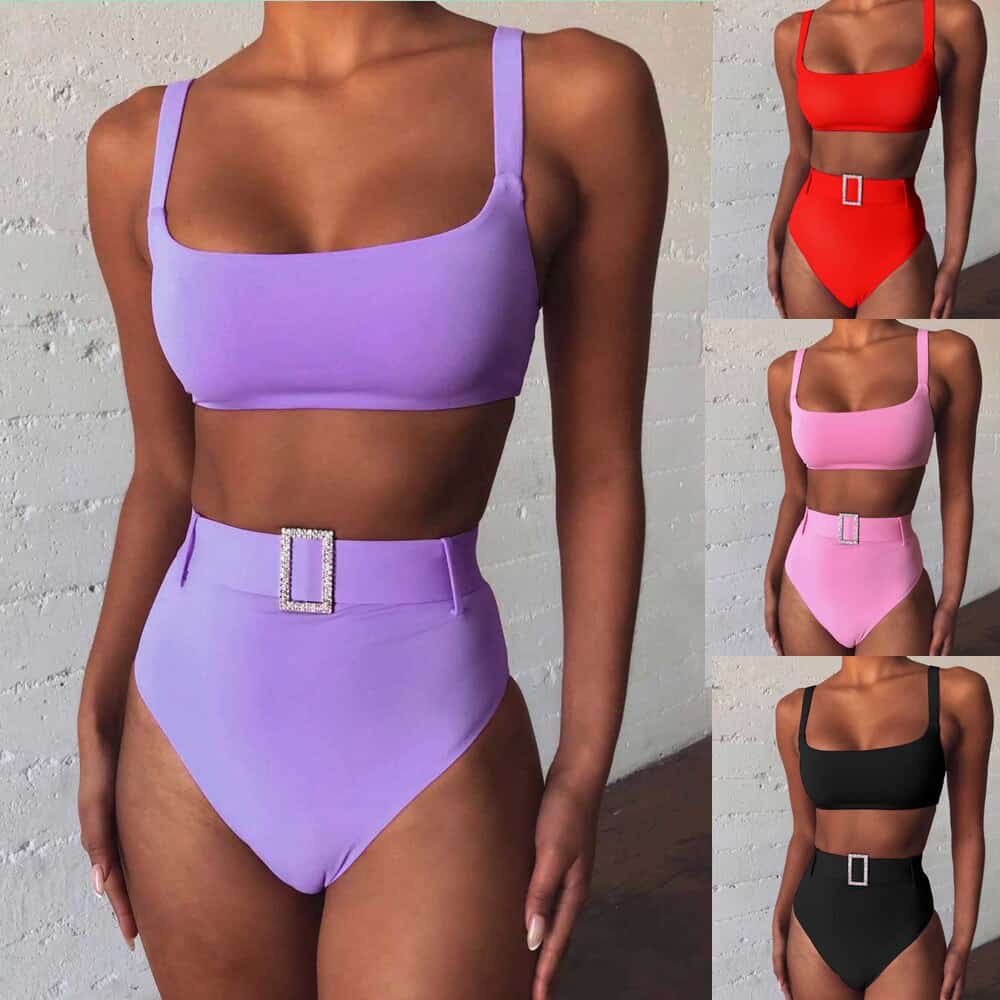 Bikini de cintura alta para mujer, traje de baño para playa de dos piezas con cinturón de diamantes de imitación, acolchado de realce, color morado liso