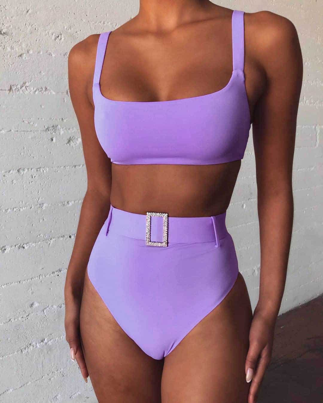 Bikini de cintura alta para mujer, traje de baño para playa de dos piezas con cinturón de diamantes de imitación, acolchado de realce, color morado liso